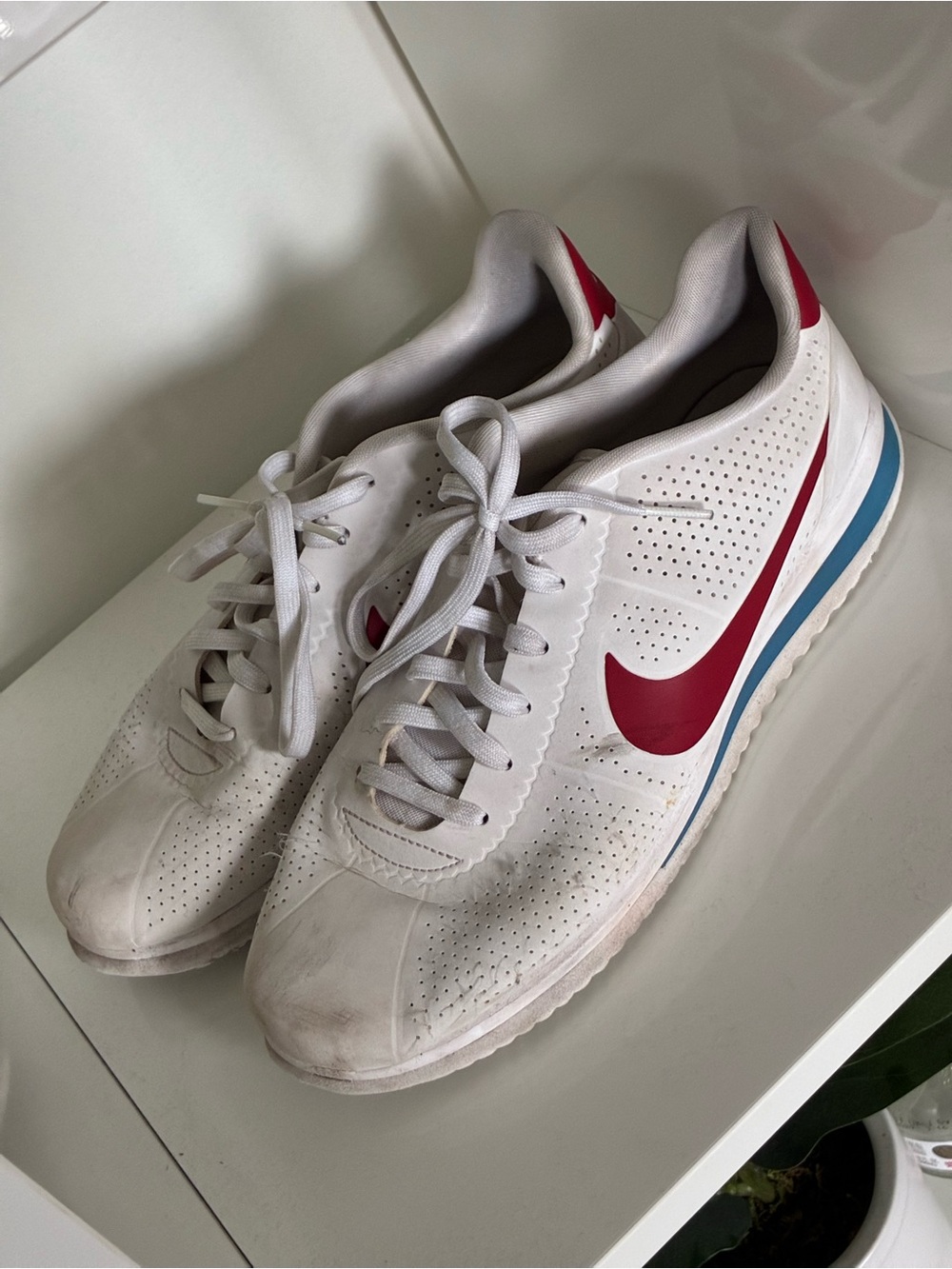 Nike Men’s White Sneakers with Red Swoosh and Blue Midsole Stripe